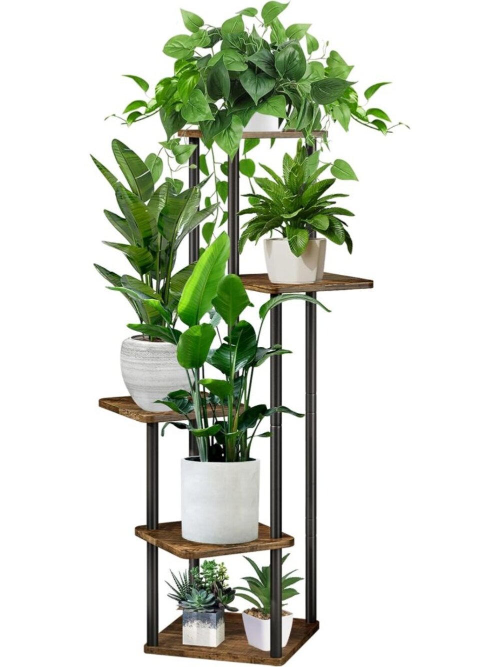 5-Tier Tall Plant Stand - Metal & Wood Flower Pot Holder, Indoor/Outdoor Shelf